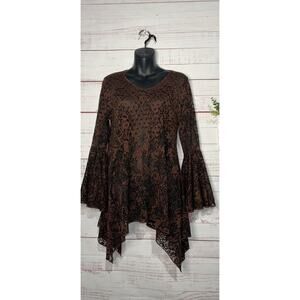 Dor Dor Couture Brown & Black Sheer Lace Boho Top Medium